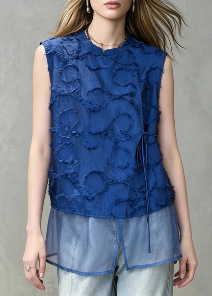 Italian Blue O-Neck Patchwork Tulle Tank Tops Sleeveless