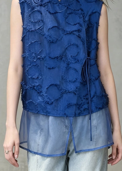 Italian Blue O-Neck Patchwork Tulle Tank Tops Sleeveless