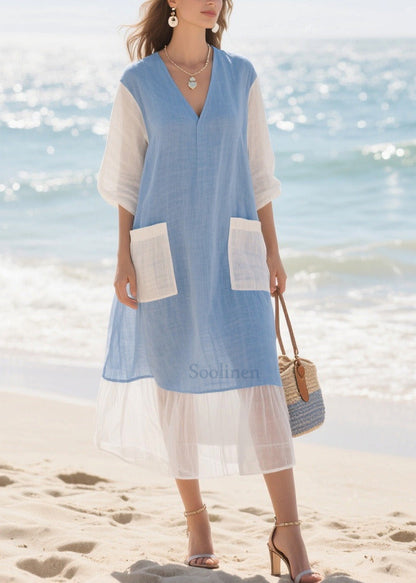 Italian Blue Oversized Patchwork Cotton Holiday Dress Summer