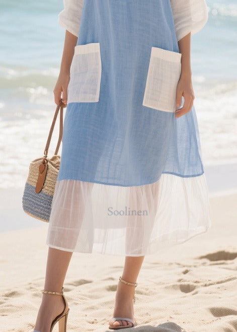 Italian Blue Oversized Patchwork Cotton Holiday Dress Summer