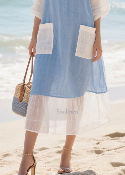 Italian Blue Oversized Patchwork Cotton Holiday Dress Summer