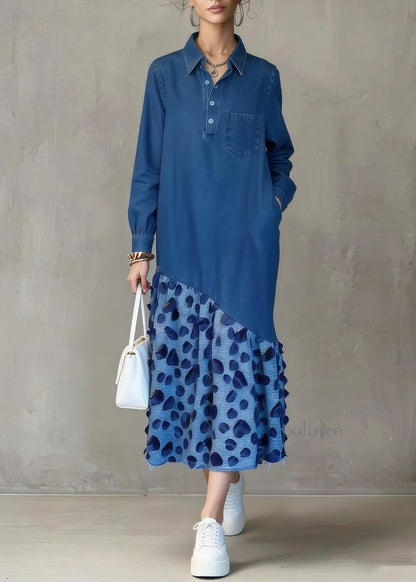 Italian Blue Oversized Patchwork Leopard Denim Long Dress Spring