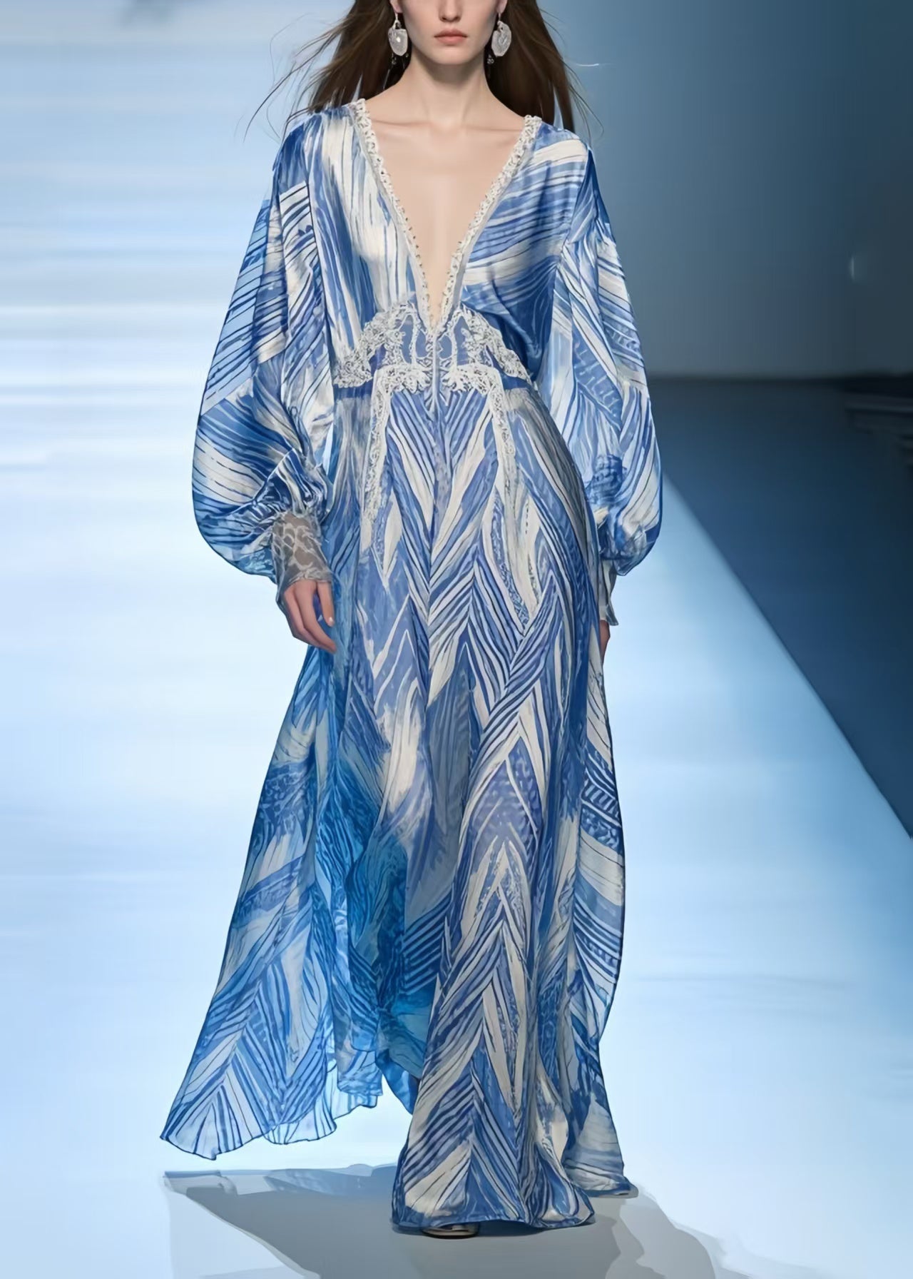 Italian Blue Oversized Print Chiffon Vacation Dresses Summer