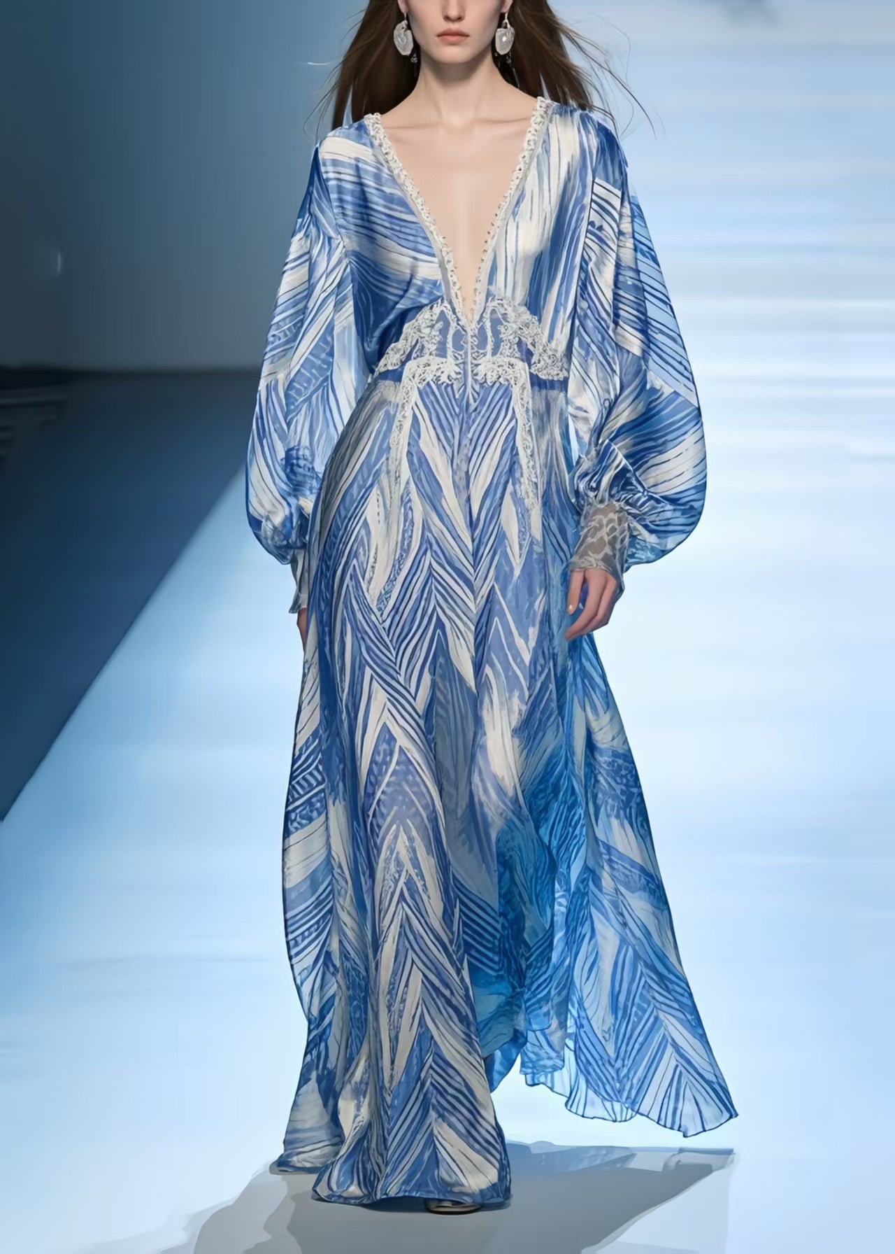 Italian Blue Oversized Print Chiffon Vacation Dresses Summer