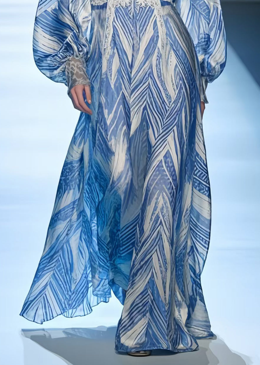 Italian Blue Oversized Print Chiffon Vacation Dresses Summer