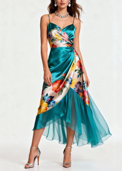 Italian Blue Print Wrinkled Patchwork Silk Spaghetti Strap Dress Summer