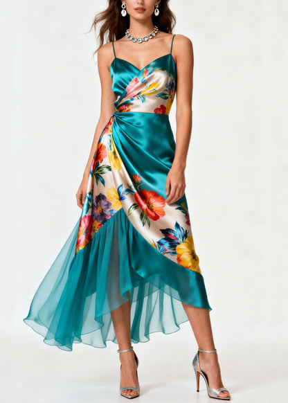 Italian Blue Print Wrinkled Patchwork Silk Spaghetti Strap Dress Summer