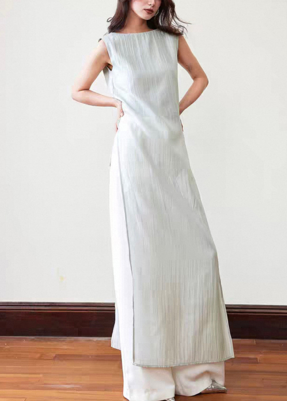 Italian Blue Side Open Tops And White Pants Cotton Two-Piece Set Sleeveless