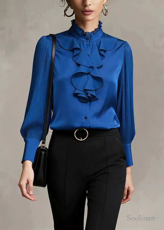 Italian Blue Stand Collar Ruffles Wrinkled Chiffon Shirts Spring