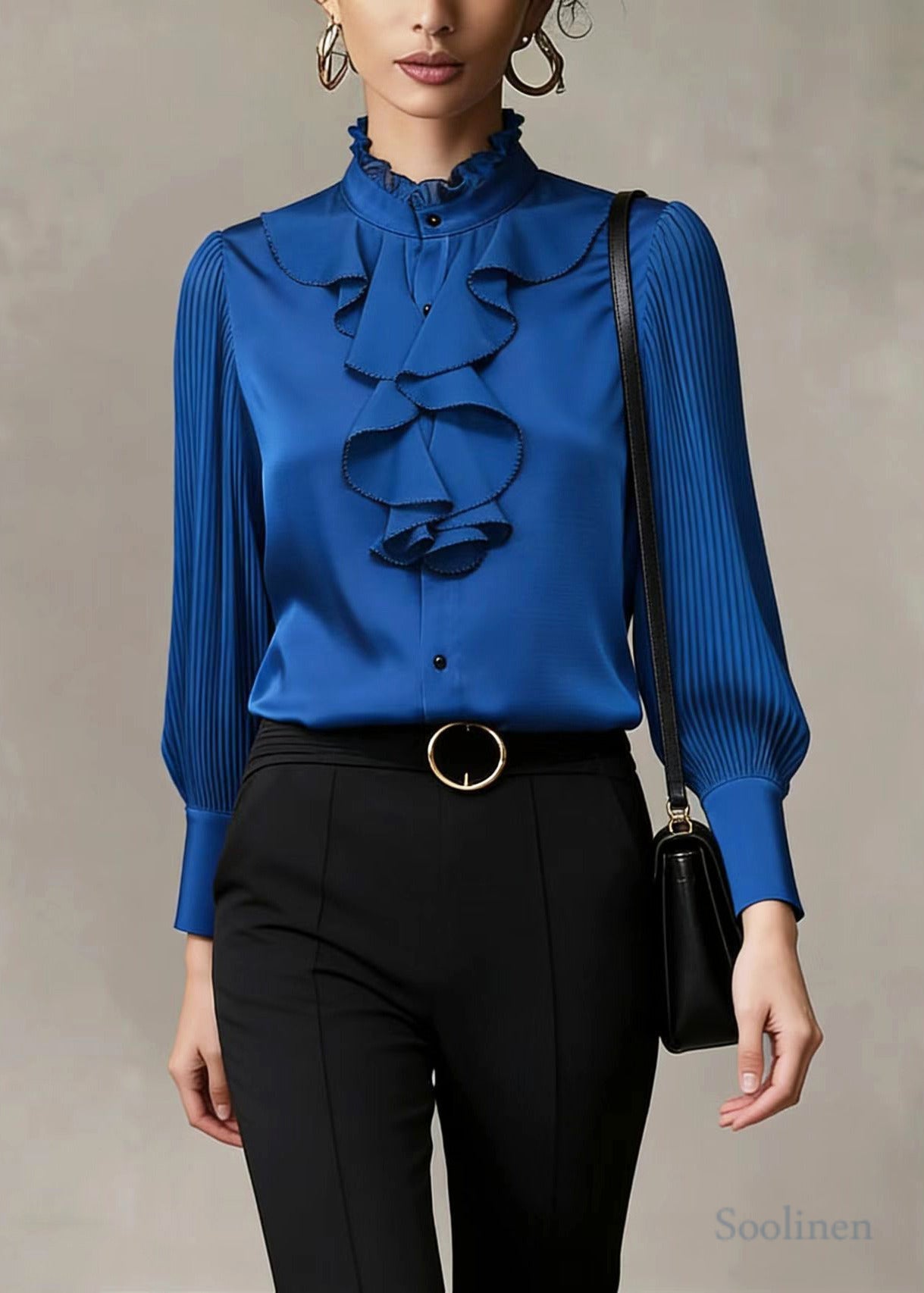 Italian Blue Stand Collar Ruffles Wrinkled Chiffon Shirts Spring