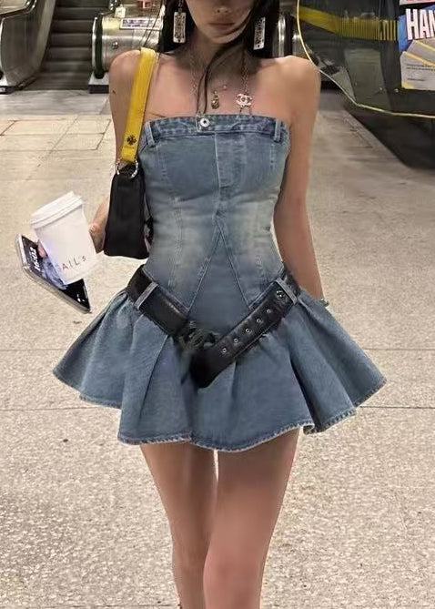 Italian Blue Strapless Sashes Denim Mini Dress Summer