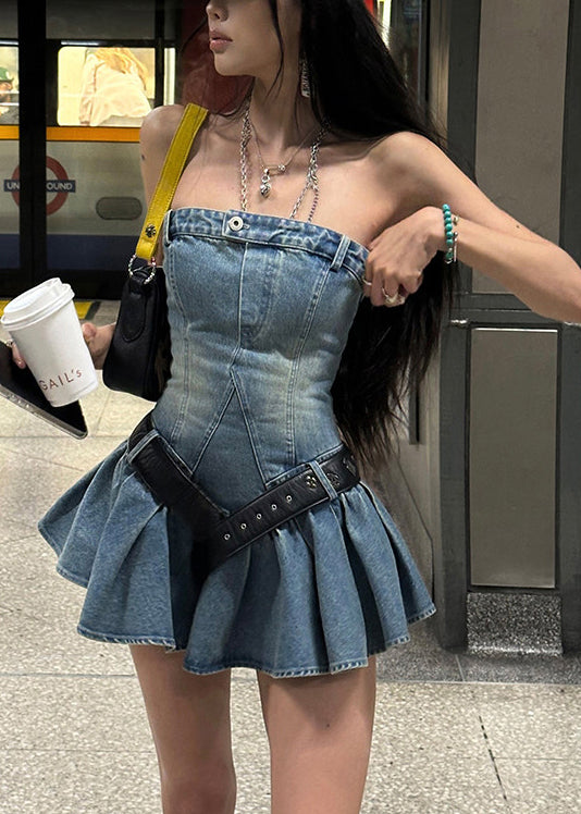 Italian Blue Strapless Sashes Denim Mini Dress Summer