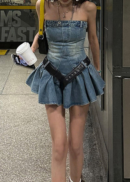 Italian Blue Strapless Sashes Denim Mini Dress Summer