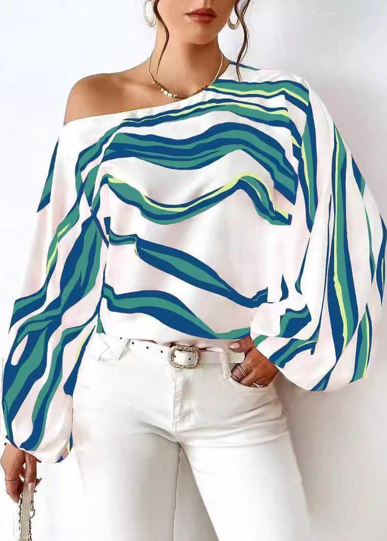 Italian Blue Striped One Shoulder Blouse Top Long Sleeve