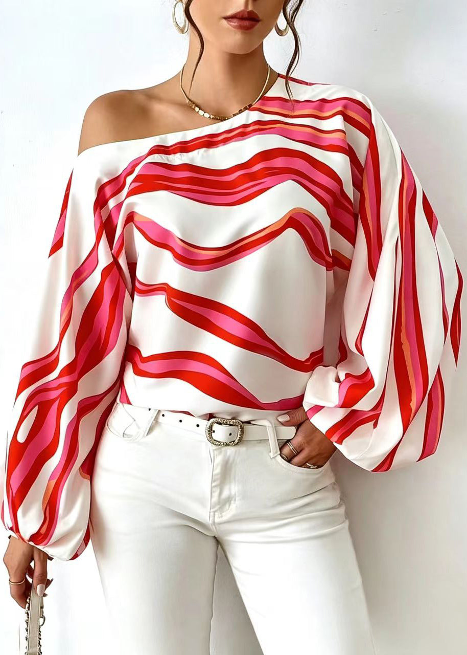 Italian Blue Striped One Shoulder Blouse Top Long Sleeve
