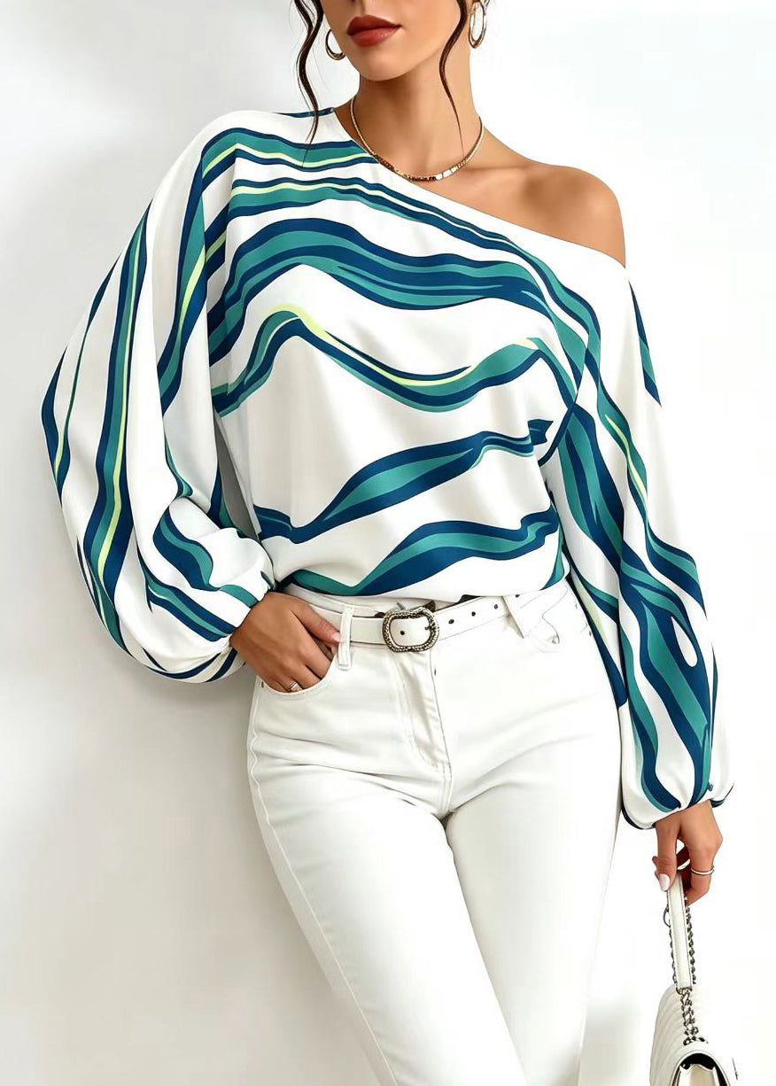 Italian Blue Striped One Shoulder Blouse Top Long Sleeve