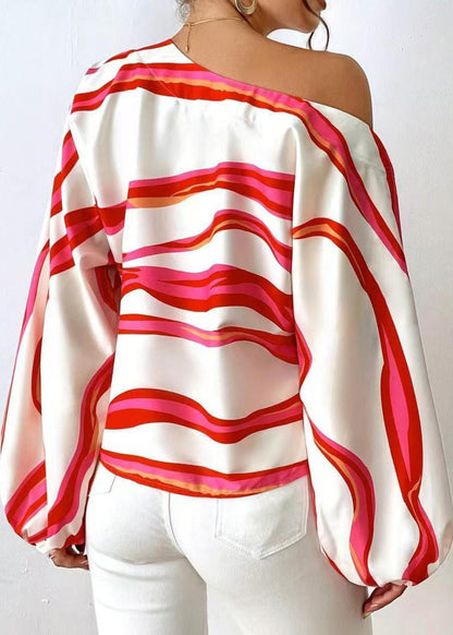 Italian Blue Striped One Shoulder Blouse Top Long Sleeve