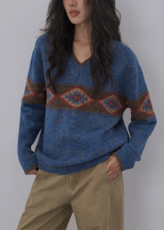 Italian Blue V Neck Jacquard Knitted Sweaters Tops Spring