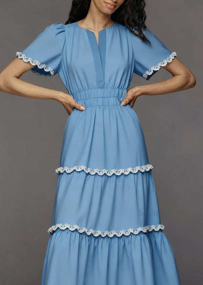 Italian Blue V Neck Lace Patchwork Cotton Long Dress Summer