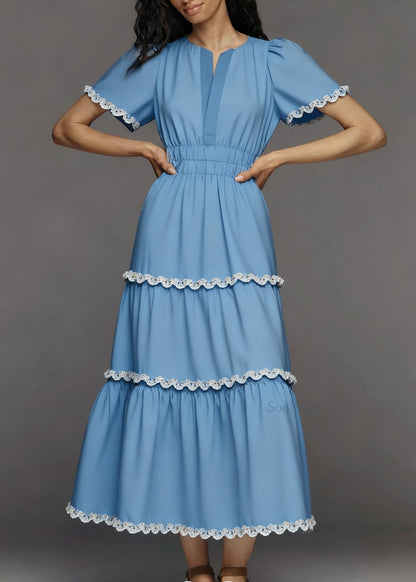Italian Blue V Neck Lace Patchwork Cotton Long Dress Summer