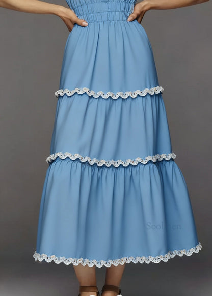 Italian Blue V Neck Lace Patchwork Cotton Long Dress Summer
