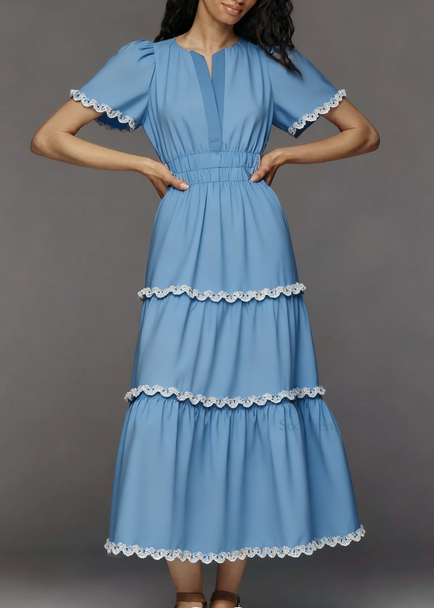 Italian Blue V Neck Lace Patchwork Cotton Long Dress Summer