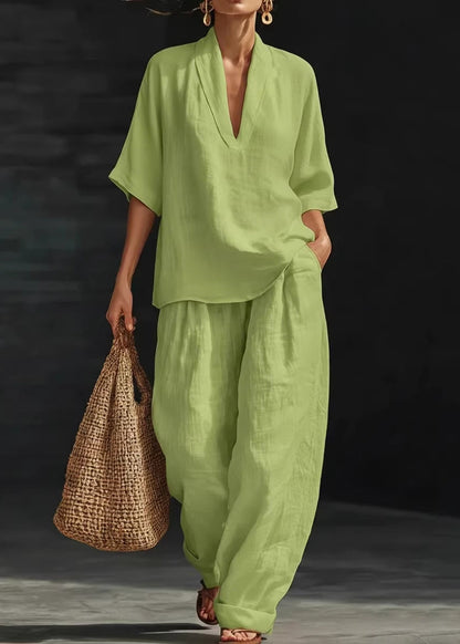 Italian Blue V Neck Oversized Linen Two Pieces Set Summer