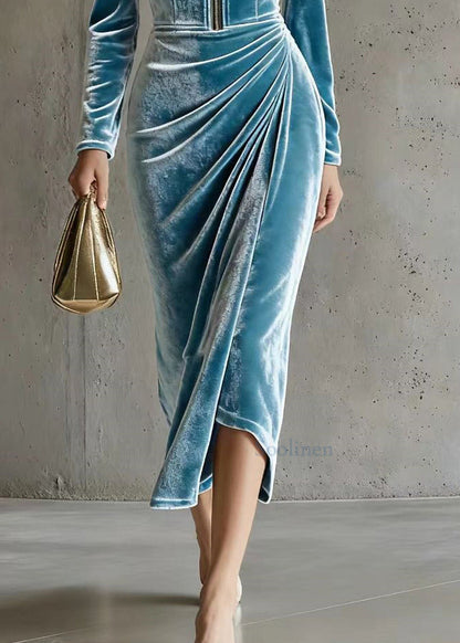 Italian Blue Zip Up Wrinkled Silk Velvet Holiday Dress Spring