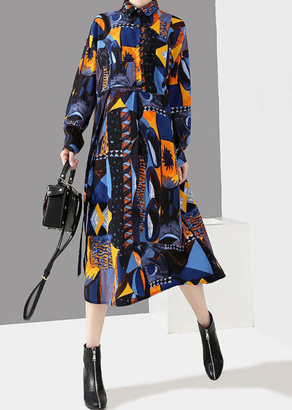 Italienische blaue Knopfleiste Taille Peter Pan Kragen Print Hemd Kleider Frühling