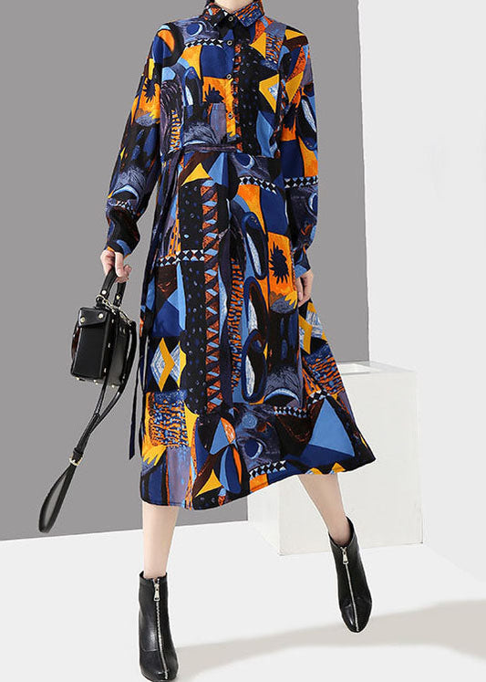 Italienische blaue Knopfleiste Taille Peter Pan Kragen Print Hemd Kleider Frühling