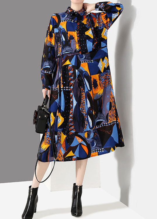 Italienische blaue Knopfleiste Taille Peter Pan Kragen Print Hemd Kleider Frühling