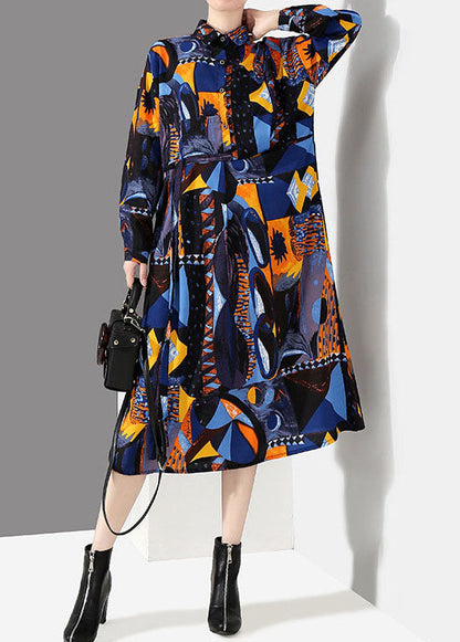 Italienische blaue Knopfleiste Taille Peter Pan Kragen Print Hemd Kleider Frühling