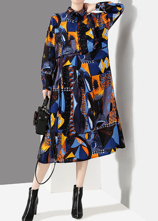 Italienische blaue Knopfleiste Taille Peter Pan Kragen Print Hemd Kleider Frühling