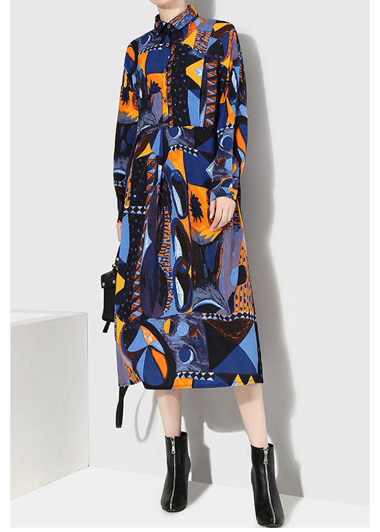 Italienische blaue Knopfleiste Taille Peter Pan Kragen Print Hemd Kleider Frühling