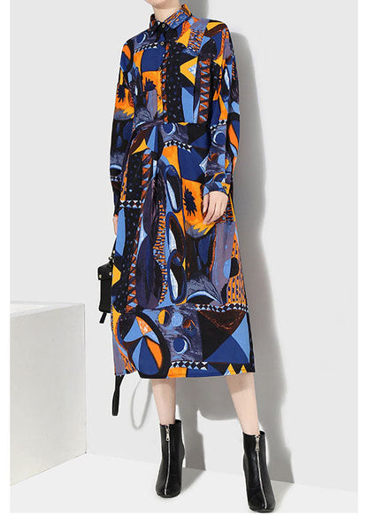 Italienische blaue Knopfleiste Taille Peter Pan Kragen Print Hemd Kleider Frühling