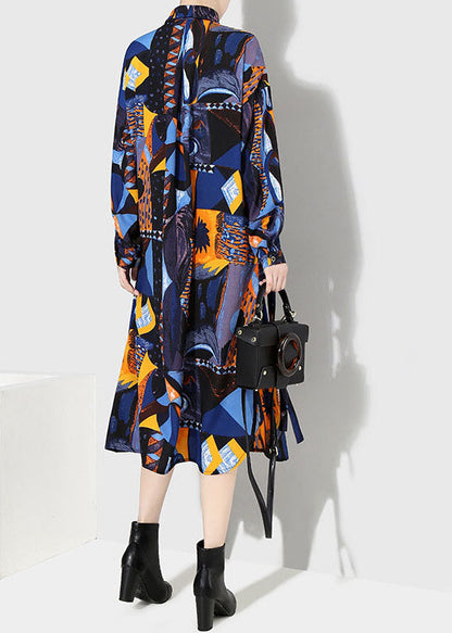 Italienische blaue Knopfleiste Taille Peter Pan Kragen Print Hemd Kleider Frühling