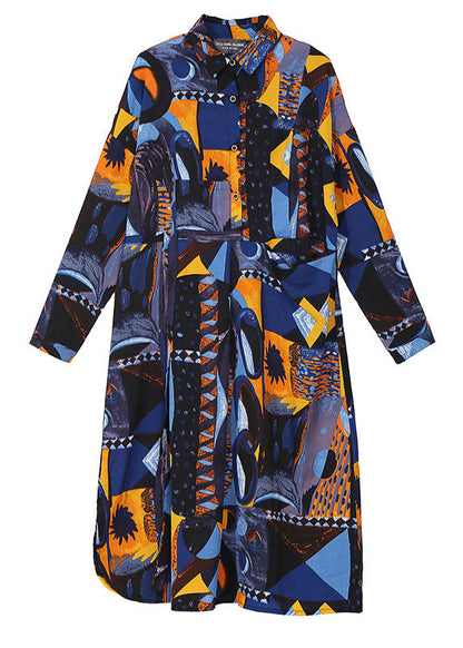 Italienische blaue Knopfleiste Taille Peter Pan Kragen Print Hemd Kleider Frühling