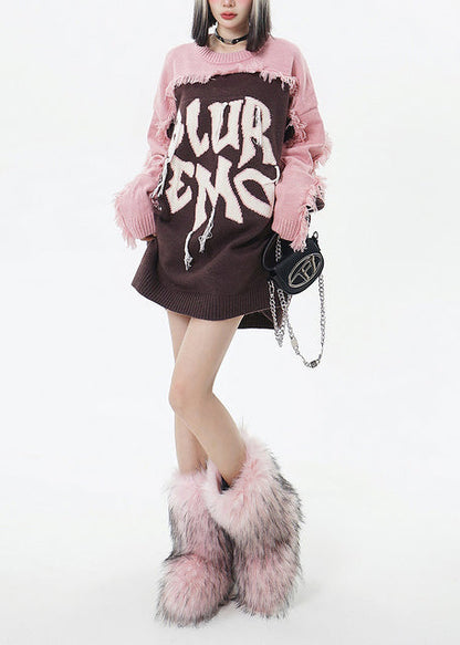 Italienischer brauner, bestickter Patchwork-Pullover mit Quasten, lang, Winter