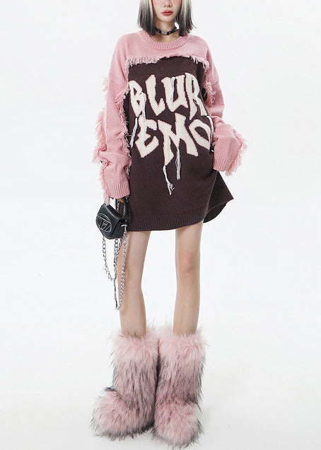 Italienischer brauner, bestickter Patchwork-Pullover mit Quasten, lang, Winter