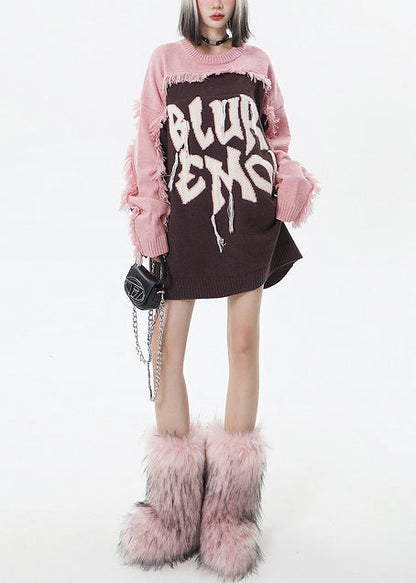 Italienischer brauner, bestickter Patchwork-Pullover mit Quasten, lang, Winter