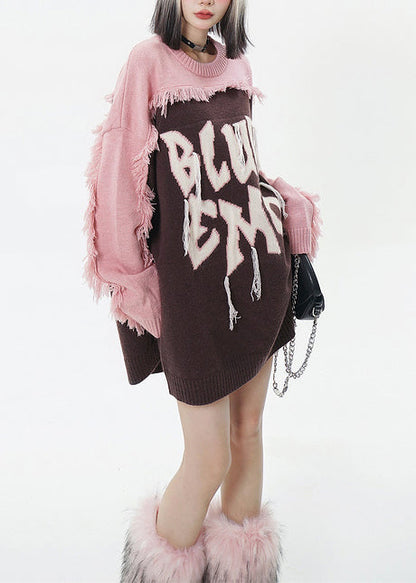 Italienischer brauner, bestickter Patchwork-Pullover mit Quasten, lang, Winter