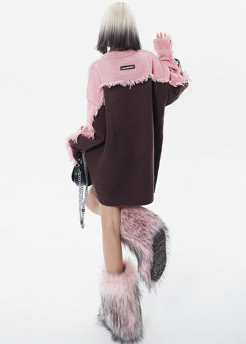 Italienischer brauner, bestickter Patchwork-Pullover mit Quasten, lang, Winter