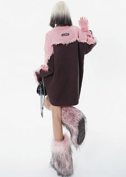 Italienischer brauner, bestickter Patchwork-Pullover mit Quasten, lang, Winter