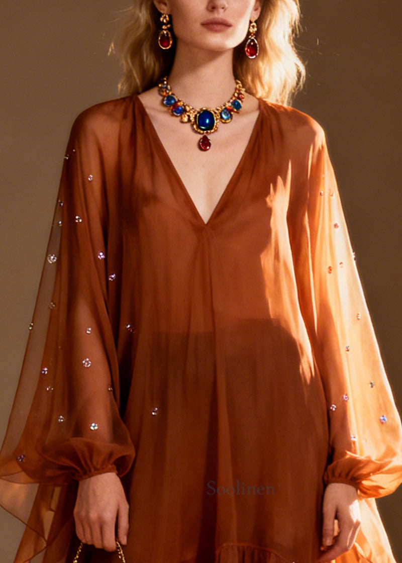 Italian Brown Oversized Rhinestone Chiffon Party Dress Summer