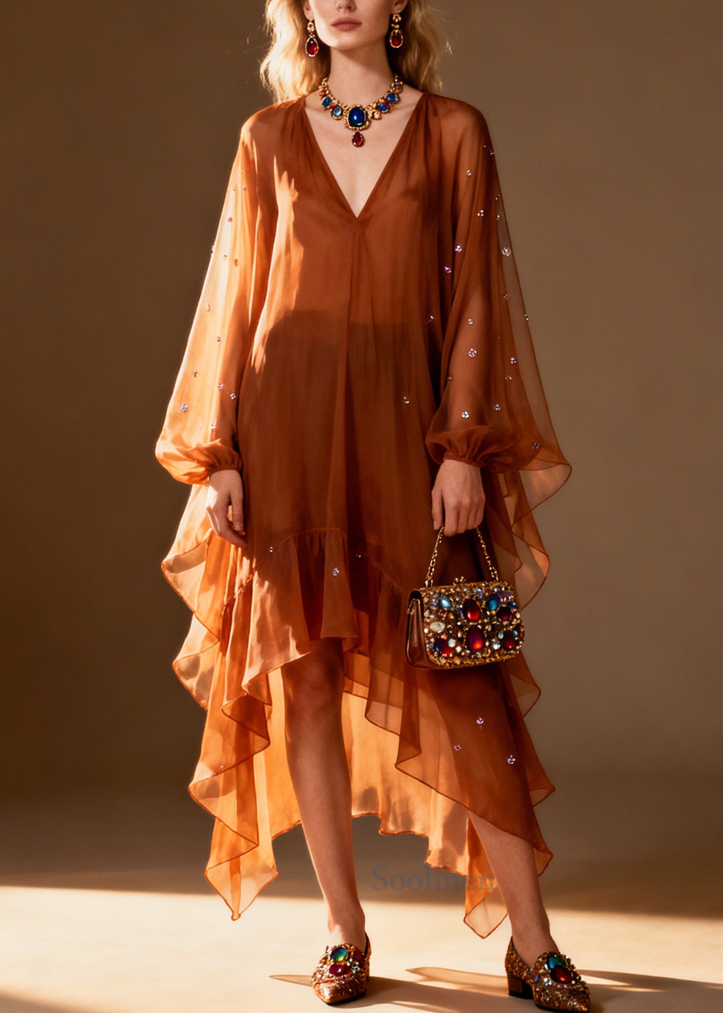 Italian Brown Oversized Rhinestone Chiffon Party Dress Summer