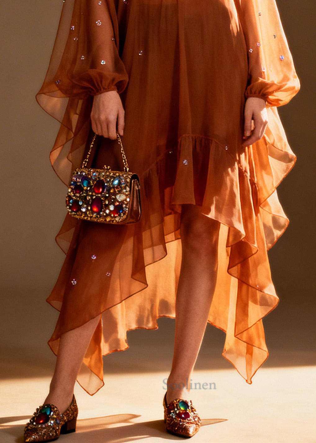 Italian Brown Oversized Rhinestone Chiffon Party Dress Summer