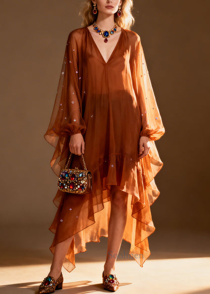 Italian Brown Oversized Rhinestone Chiffon Party Dress Summer