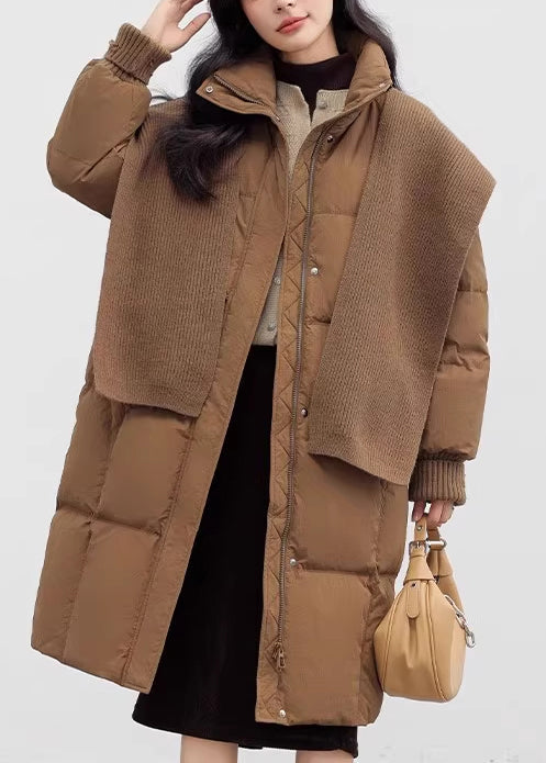 Italian Brown Oversized With Knitted Scarf Duck Down Down Coat Winter