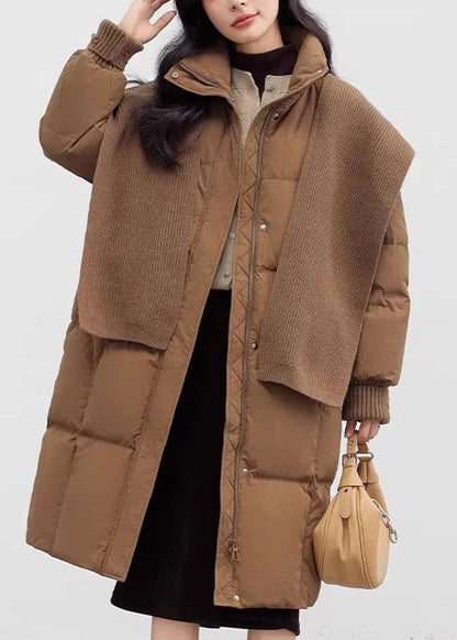 Italian Brown Oversized With Knitted Scarf Duck Down Down Coat Winter