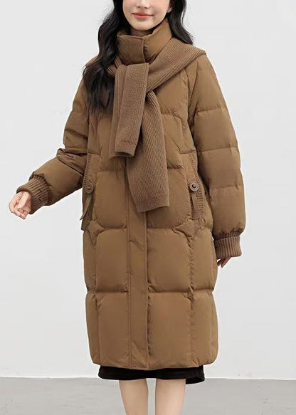 Italian Brown Oversized With Knitted Scarf Duck Down Down Coat Winter